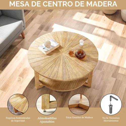 Miniatura 3 de Mesa de café redonda, mesa de café circular de madera de 35" con estante de almacenamiento, mesa central de 2 niveles para sala de estar