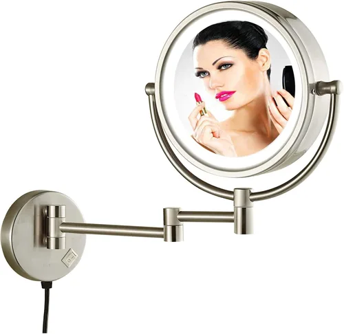 Miniatura 10 de Espejo de maquillaje montado en la pared, espejos de tocador con iluminación LED, rotación de 360 grados, doble cara para baño o dormitorio