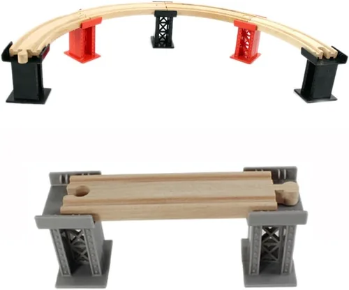 Miniatura 3 de Juego de 12 pistas de tren de madera, pistas de bache macho-macho, hembra-hembra, pista de muelle de puente (color aleatorio), pistas cruzadas