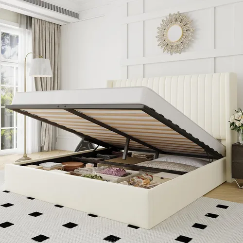 Allewie Base de cama de almacenamiento elevable de tamaño matrimonial, sistema de soporte hidráulico, marco de cama de plataforma tapizada,