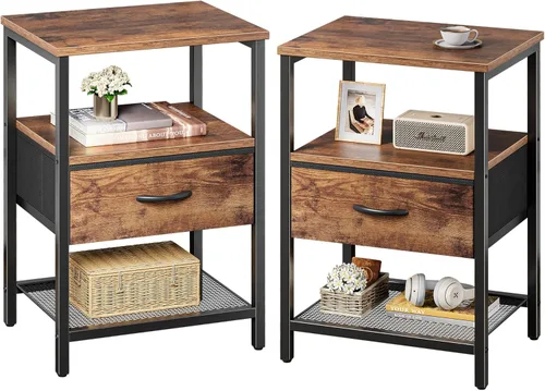 Miniatura 10 de Huuger Mesita de noche con cajón de tela, mesa auxiliar con estante de malla, mesita de noche para dormitorio, cómoda de cajones de tela, estante