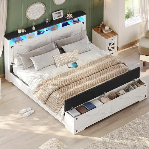 Miniatura 7 de Hasuit - Marco de cama tamaño queen con otomano de almacenamiento, marco de cama estilo granja con estación de carga y luz LED, cabecero con estante