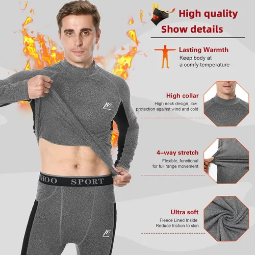 Miniatura 3 de Men's Fleece Lined Long Johns Base Layer Set Top Bottom for Ski Running Cold Weather