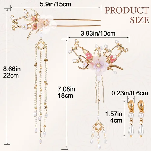 Miniatura 2 de Joez Wonderful 5pcs Chinese Hair Stick Pins Sets, Flower Hair Barrettes Clips with Long Tassel, Hanfu Hair Flowers Pearl Hairstyle Accessories