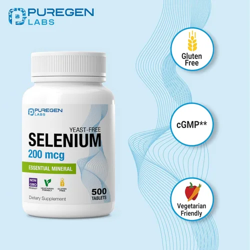 Miniatura 3 de Puregen Labs Selenio 200 mcg Mineral esencial sin levadura – 500 tabletas vegetarianas Apoyo inmunológico y antioxidante Sin OMG, sin gluten