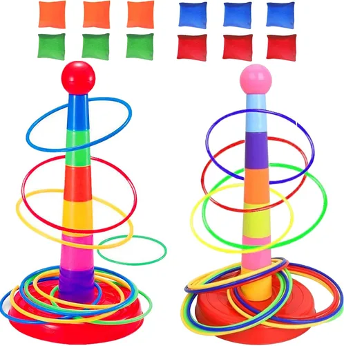 Colorido juego de lanzamiento de anillos deportivos de plástico para niños, 2 columnas coloridas+48 anillos+12 bolsas de frijoles, juguetes