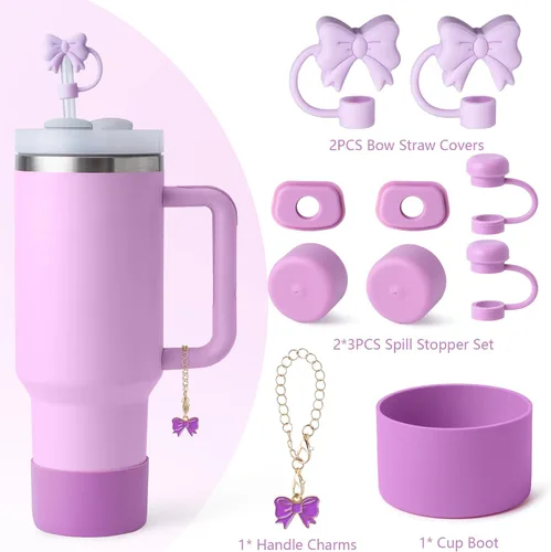 Miniatura 7 de Juego de 10 accesorios para Copa Stanley, los accesorios Stanley incluyen 2 fundas para pajitas con lazo, 1 encantador dije de mango con lazo, 2