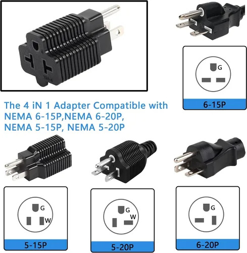 Miniatura 4 de CERRXIAN Adaptador de enchufe 4 en 1 de 15 amperios a 20 amperios, adaptador NEMA 5-15P a 5-15R, 5-15P a 5-20R, 5-15P a 6-15R, adaptador