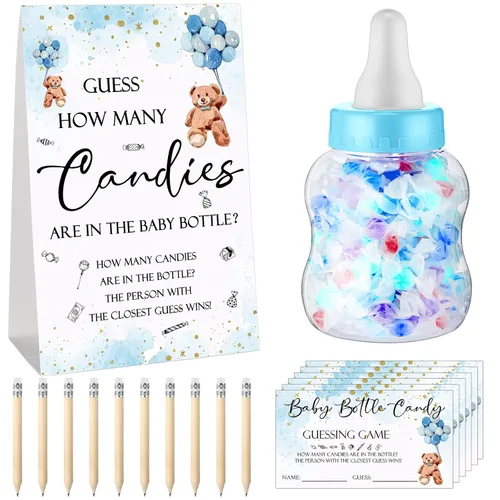 Miniatura 8 de Roowest 62 piezas de Baby Shower Games Guess How Many Candies Are in the Jar Signal, 50 pequeños juegos de adivinanzas, 10 lápices HB y botella