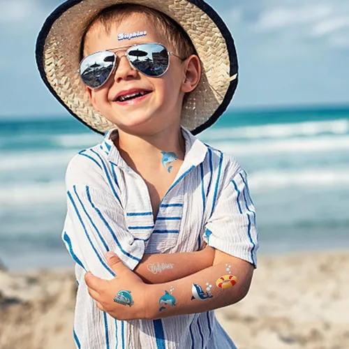 Miniatura 6 de Tatuajes temporales con purpurina de delfín para niños, 4 hojas de tatuajes falsos bronceadores para niñas y niños, lindos tatuajes de animales