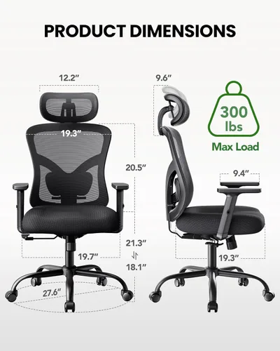 Miniatura 2 de Marsail Silla ergonómica de oficina Silla ergonómica para juegos con soporte lumbar, reposacabezas 2D, apoyabrazos ajustables, cojín de asiento Negro