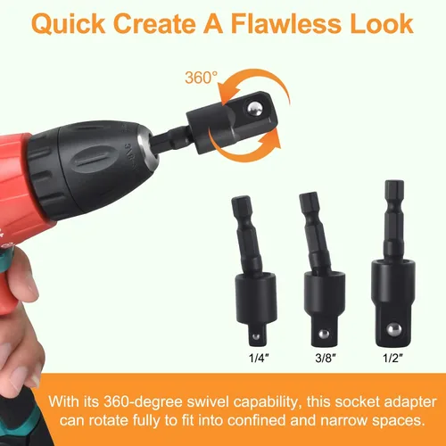 Miniatura 5 de Kit de extensión de broca flexible, 17 piezas con adaptadores de enchufe giratorios de 360° (1/2" 3/8" 1/4"), accesorios de ángulo recto de 105°