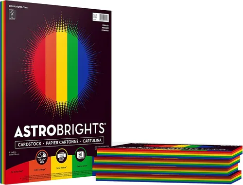 Astrobrights Cartulina de colores, 8.5 x 11 pulgadas, 65 lb/176 gsm, surtido de 5 colores "primarios", 5 paquetes individuales de 50 hojas surtidas,