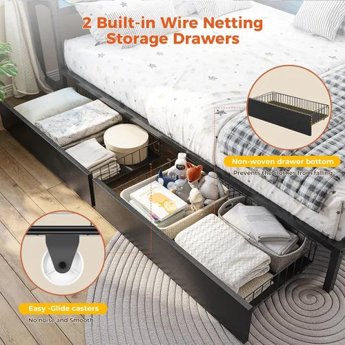 Miniatura 7 de DICTAC Marco de cama esquinero tamaño individual con almacenamiento y luces LED, plataforma de metal con 2 cajones y estación de carga, cama