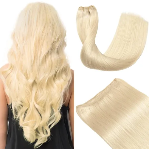 Miniatura 11 de Extensiones de cabello humano real con trama cosida, atadas a mano, color rubio ceniza a rubio con reflejos, extensiones cosidas con trama
