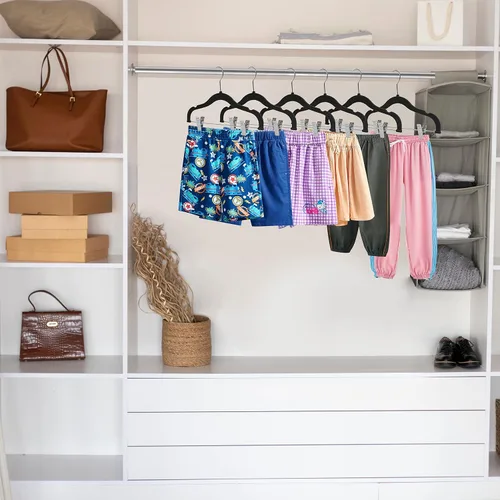 Miniatura 2 de Perchas de plástico de calidad para niños, no aterciopeladas, delgadas, compactas, con clips de metal, para faldas, pantalones, blusas, gancho Negro
