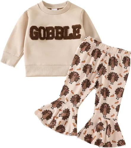 Miniatura 15 de BemeyourBBs Conjunto de sudadera de manga larga de pavo para niña con pantalones acampanados, ropa de otoño