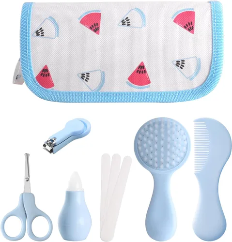 Kit de aseo para bebés de 6 piezas en bolsa de almacenamiento (azul) - Cepillo suave, peine, cortauñas, aspirador nasal, tijeras de seguridad y lima