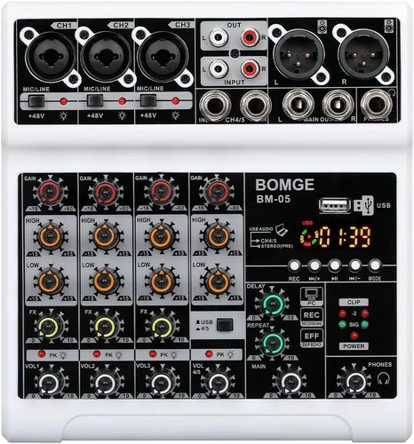 Miniatura 10 de BOMGE Mezclador de audio, consola de mezcla de tablero de sonido con 5 canales digitales USB Bluetooth, efecto de eco y retardo, alimentación