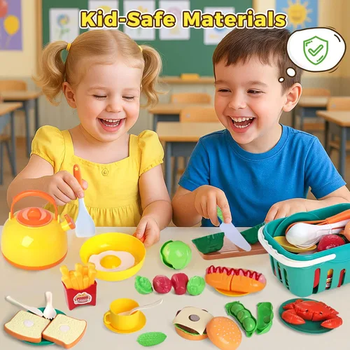 Miniatura 4 de LovesTown Juego de Comida de Juguete de 59 Piezas para Niños Pequeños, Ollas y Sartenes de Juguete Amarillas para Niños con Cesta, Juguetes