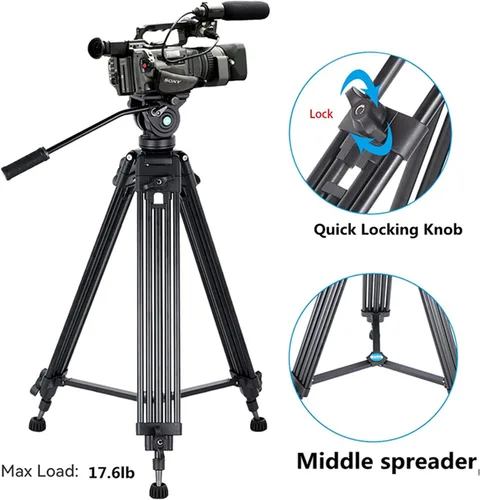 Miniatura 5 de Trípode de video profesional de aluminio resistente de 62 pulgadas/62.2 in, trípode de video de tubo doble, cabezal fluido de 360 grados, esparcidor