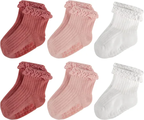 Miniatura 10 de Calcetines de Volantes para Niña Bebé, Calcetines Antideslizantes de Agarre para Niñas, Calcetines de Tobillo Frilly de Algodón Lindos para Niñas