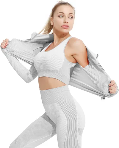 Miniatura 3 de Conjunto deportivo de 3 piezas para mujer, sin costuras, de manga corta, brasier deportivo, cintura alta, pantalones cortos de yoga, Gris-01