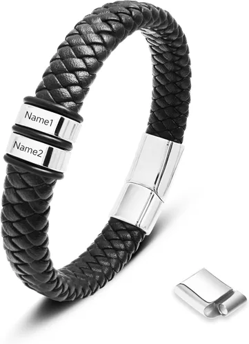Miniatura 15 de Pulsera personalizada para hombre con cuentas de nombre personalizadas, pulsera de cuero trenzado personalizada grabada con 2-6 nombres