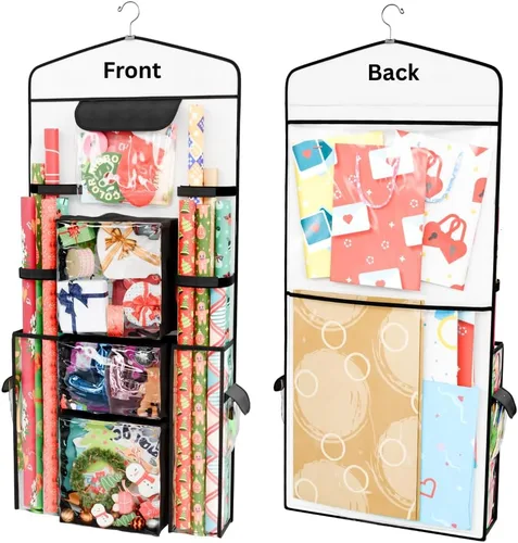 ProPik Organizador Colgante de Papel de Regalo de Doble Cara, Almacenamiento de Papel de Regalo con Múltiples Bolsillos Delanteros y Traseros,