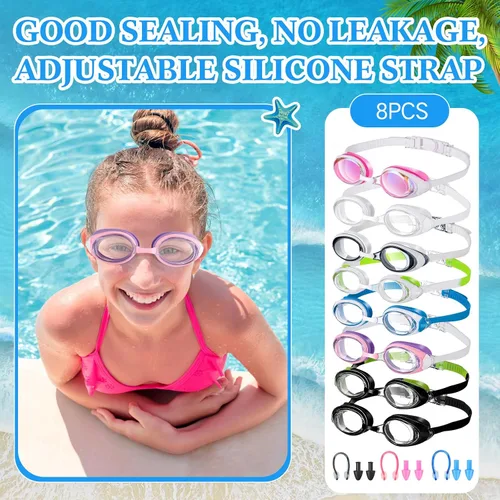 Miniatura 6 de Konohan Paquete de 8 gafas de natación sin fugas para adultos, protección UV, gafas de piscina con clip para la nariz Colores frescos