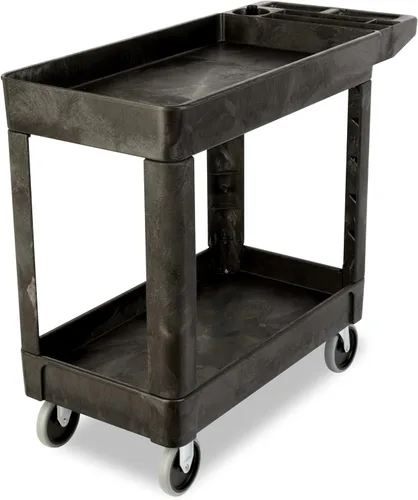Miniatura 9 de Carrito de utilería Rubbermaid Commercial Products FG452089BLA resistente, 2 estantes con ruedas, mediano, color negro