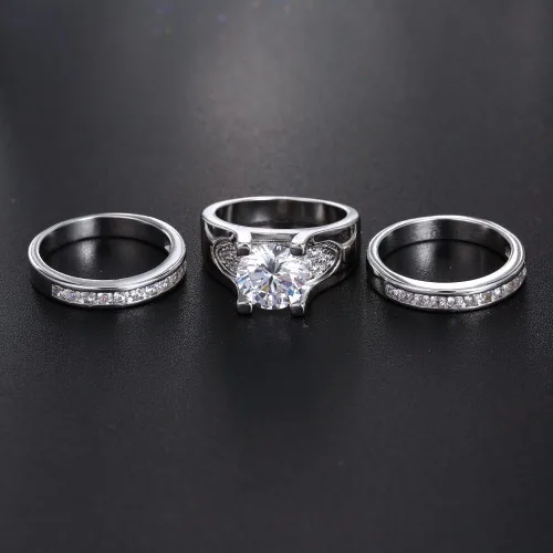 Miniatura 6 de Juego de 3 piezas de anillos de boda de compromiso de circonita cúbica de corte redondo de 5.56 quilates para mujer