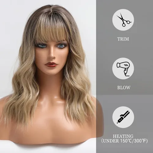 Miniatura 5 de HAIRCUBE Pelucas de color marrón a rubio con flequillo, pelucas sintéticas de cabello rizado, pelucas de cabello largo ondulado natural resistente