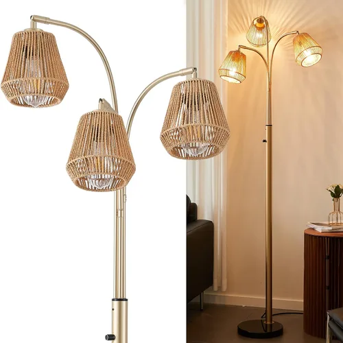 Lámpara de pie dorada de ratán para sala de estar, lámpara de pie boho de 72 pulgadas de alto con interruptor giratorio, lámpara de arco de 3 luces