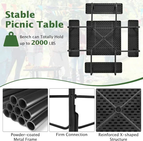 Miniatura 4 de Giantex Juego de mesa de picnic para 8 personas, mesa cuadrada para exteriores con agujero para paraguas, parte superior de polietileno de alta
