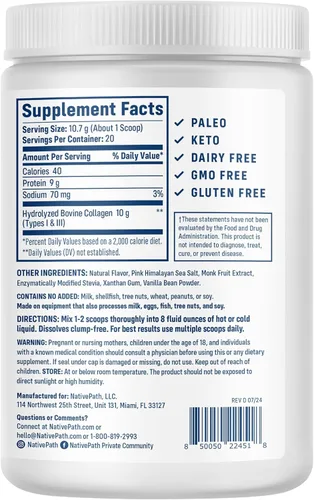 Miniatura 3 de NativePath Péptidos de colágeno – Colágeno hidrolizado tipo 1 y 3. Proteína en polvo cetogénica y paleo alimentada con pasto para cabello, piel
