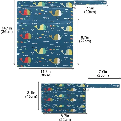 Miniatura 7 de visesunny Bolsa húmeda divertida de ballenas y peces coloridos para niños, 2 piezas, con bolsillos con cremallera, lavable, reutilizable, espaciosa