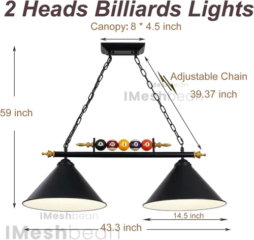 Miniatura 6 de iMeshbean Luces colgantes de mesa de billar de 43 pulgadas, accesorios de iluminación de mesa de billar para mesa de 7 pies y 8 pies, diseño de bola