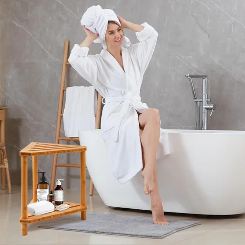 Miniatura 2 de Taburete de ducha de bambú de esquina, taburete de ducha impermeable de 2 niveles para dentro de la ducha, para afeitar las piernas, espacios