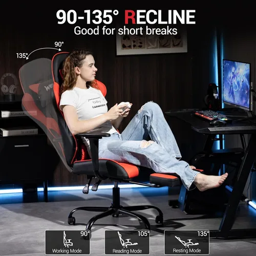 Miniatura 5 de Silla de juegos con reposapiés, silla ergonómica de escritorio para PC con reposacabezas y soporte lumbar de masaje, silla de videojuegos con Negro