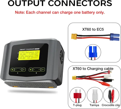 Miniatura 5 de Cargador de batería LiPo con pantalla grande, cargador RC dual, descargador, cargador de equilibrio rápido de 10A para baterías 1-6S LiPo LiHV Gris