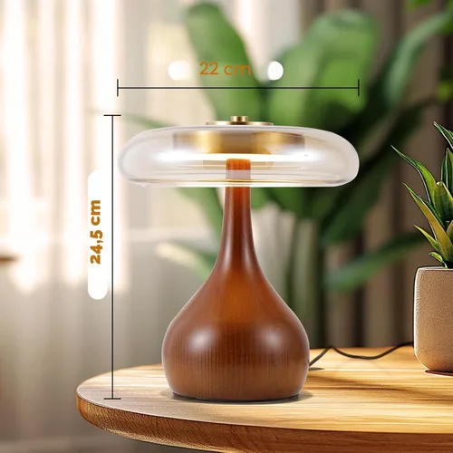 Miniatura 2 de Lámpara de mesa pequeña para dormitorio - lámpara de mesa con base de madera en forma de hongo lágrima, pantalla de vidrio ámbar, LED de tres