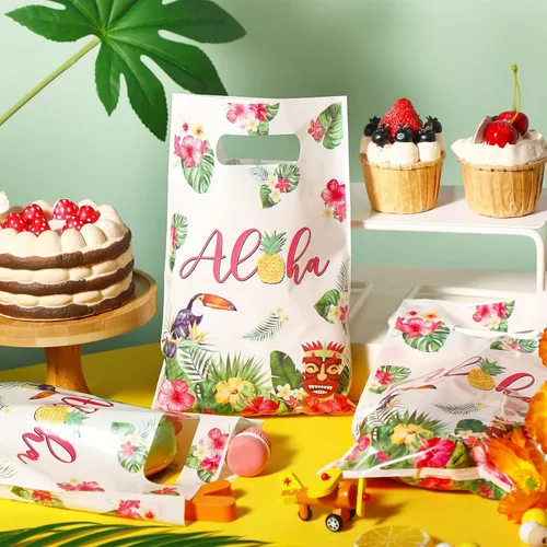 Miniatura 4 de PerKoop 100 bolsas de regalo hawaianas de plástico Aloha bolsas de regalo Luau para fiestas con asas para verano, tropical, cumpleaños, vacaciones