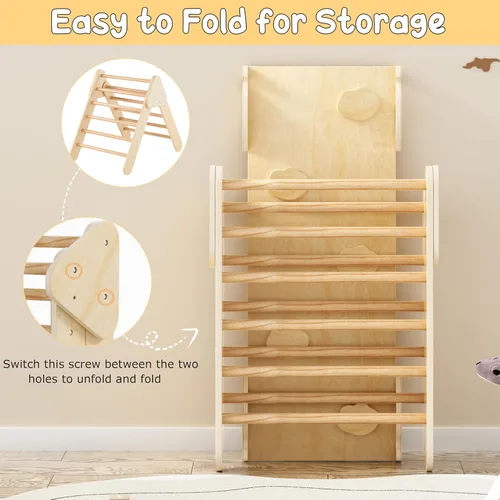 Miniatura 9 de Olakids Conjunto Triangular Pikler 7 en 1 Juguetes de Escalada para Niños Pequeños de 1 a 3 Años Interior Plegable de Madera Montessori Gimnasio