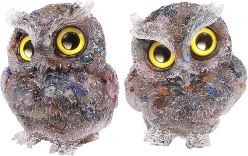 Miniatura 13 de TUMBEELLUWA Juego de 2 mini adornos de figura de búho de cristal de amatista, estatuas decorativas de búho de resina para mesa de oficina en casa