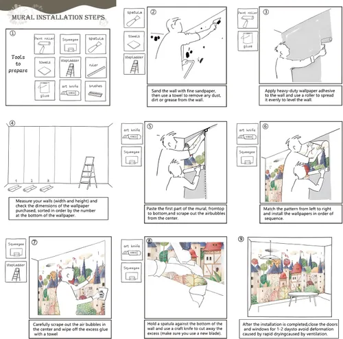 Miniatura 6 de Papel pintado de casa de acuarela de dibujos animados para guardería, murales de pared para habitación de niños 114" x 74" (no despegar y pegar)