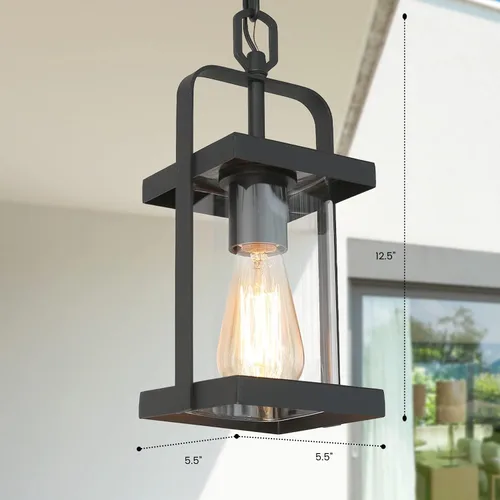 Miniatura 5 de classy leaves Luces colgantes negras para exteriores, lámpara colgante exterior con vidrio transparente, farol colgante de porche en acabado negro