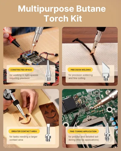 Miniatura 6 de RAVS Kit de Soldador de Butano Inalámbrico, Kit de Soplete de Butano Multifunción de 14 Piezas, Soplete de Soldadura Portátil con Llama Ajustable