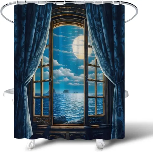 Miniatura 2 de Cortina de ducha de playa retro azul gótico europeo, cortina de ventana oscura noche llena luna llena océano ola mar balcón verano tropical Hawaii