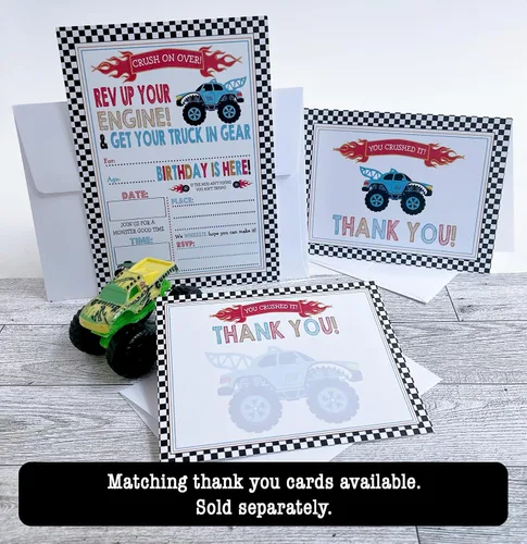 Miniatura 6 de Invitaciones de fiesta de cumpleaños Monster Truck - Juego de 15 con sobres